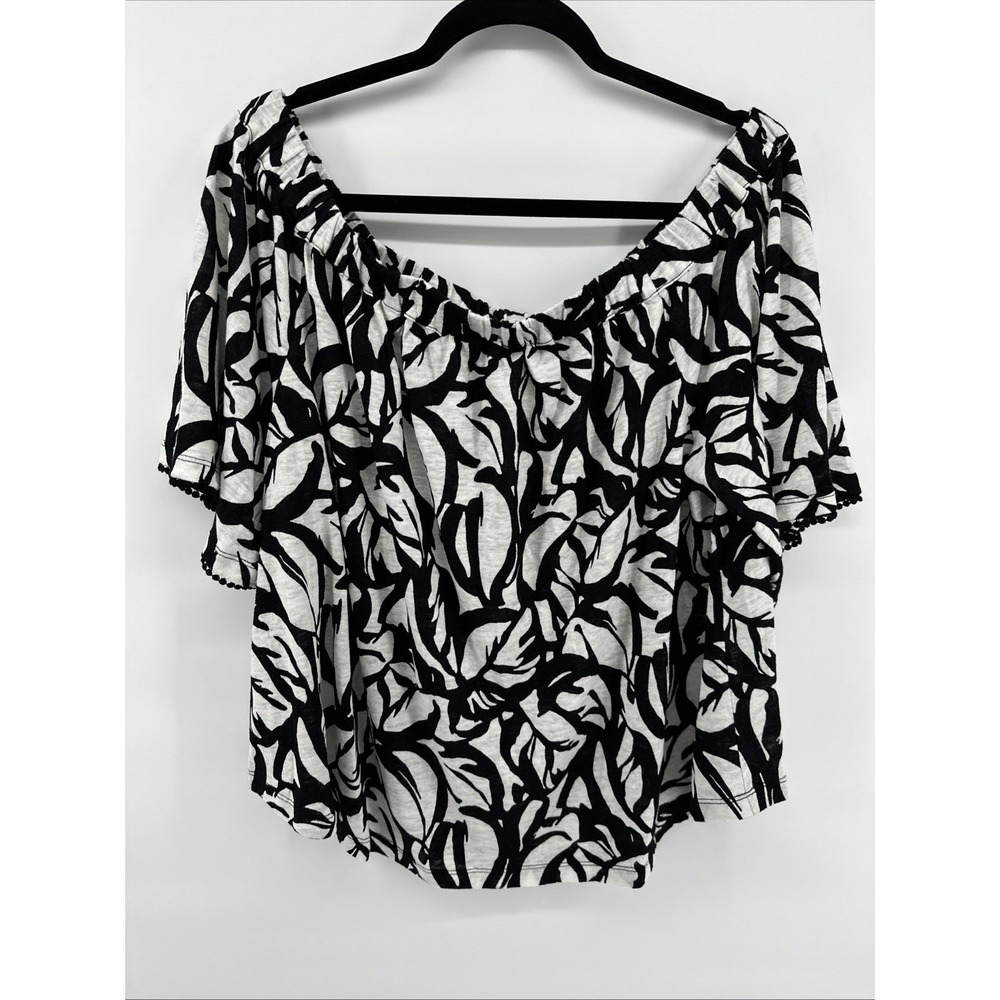 Chico's Linen Leaves Off-Shoulder Top Size 2 Large 100% Linen Pom Trim Cuffs